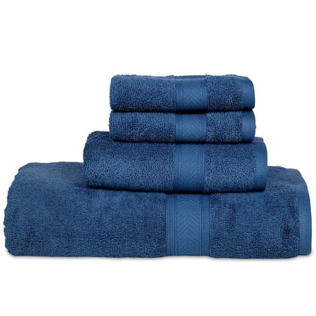 Casa Lino 4Pc Premium Bath Towel Set (1 Bath Towel, 2 Washcloths, 1 Hand Towel) - 100% Cotton, 400GSM & Ultra Absorbent (Cobalt)