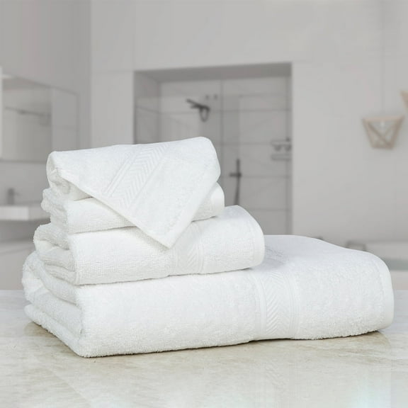 Casa Lino 4Pc Premium Bath Towel Set (1 Bath Towel, 2 Washcloths, 1 Hand Towel) - 100% Cotton, 400GSM & Ultra Absorbent (White)