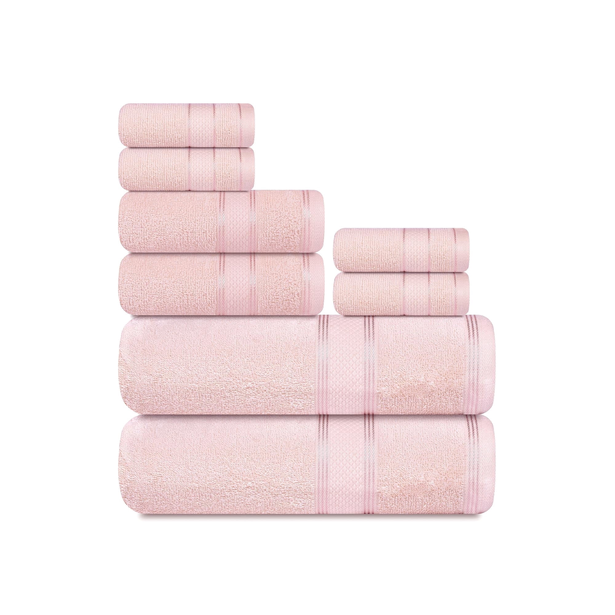 Casa Lino 8Pc Premium Bath Towel Set (2 Bath Towels, 4 Washcloths, 2 Hand Towels) - 100% Cotton, 400GSM & Ultra Absorbent (Blush)