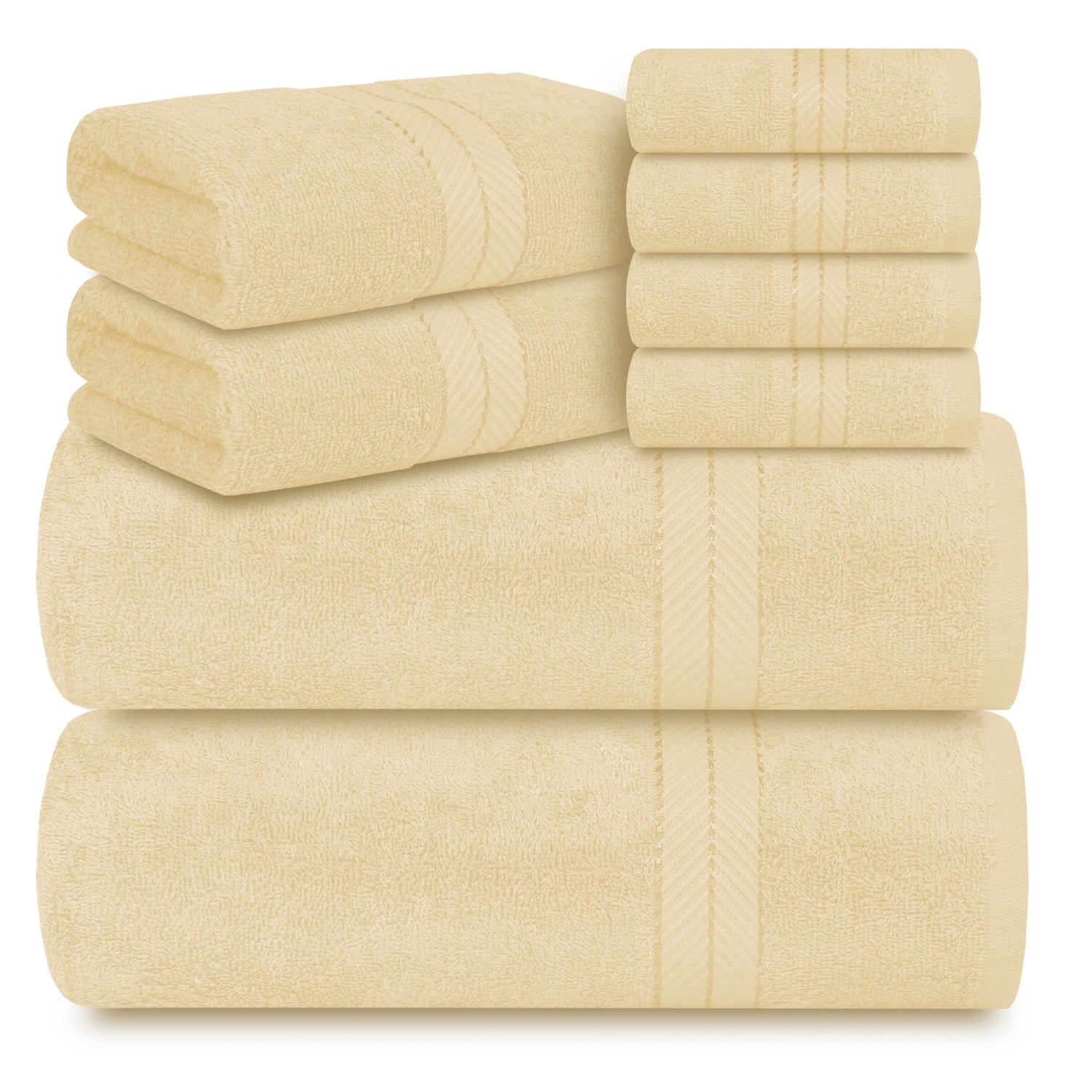 Casa Lino 8Pc Premium Bath Towel Set (2 Bath Towels, 4 Washcloths, 2 Hand Towels) - 100% Cotton, 400GSM & Ultra Absorbent (Cream)