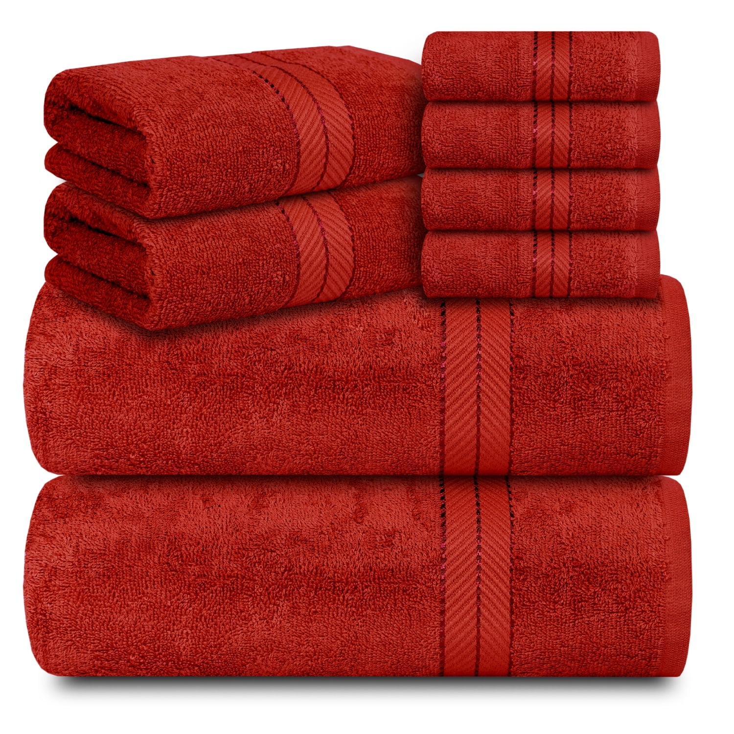 Casa Lino 8Pc Premium Bath Towel Set (2 Bath Towels, 4 Washcloths, 2 Hand Towels) - 100% Cotton, 400GSM & Ultra Absorbent (Red)