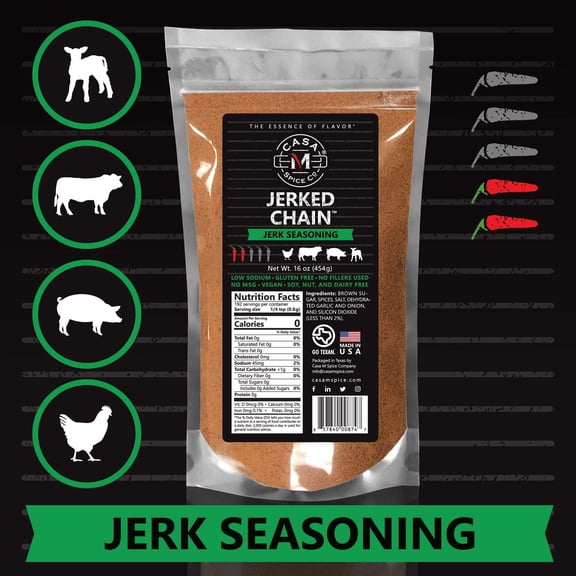 Casa M Spice Co Jerked Chain Jerk Seasoning Jamaican Dry Rub Gourmet Caribbean Jerk Seasoning Very Low Sodium Low Salt No MSG Gluten Free Jamaican Jerk Spices and Seasonings