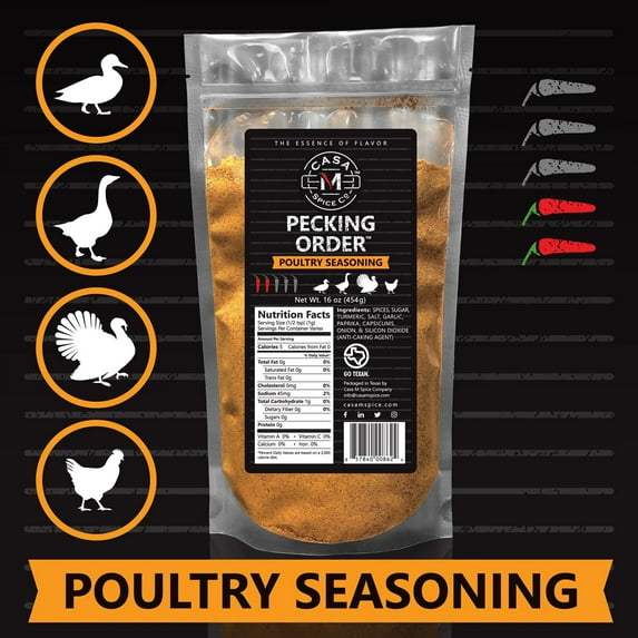 Casa M Spice Co® Pecking Order® Poultry Seasoning — Gourmet Poultry Rub Chicken Seasoning • Very Low Sodium • Low Salt • No MSG • Gluten Free • Duck Goose Turkey Spices and Seasonings