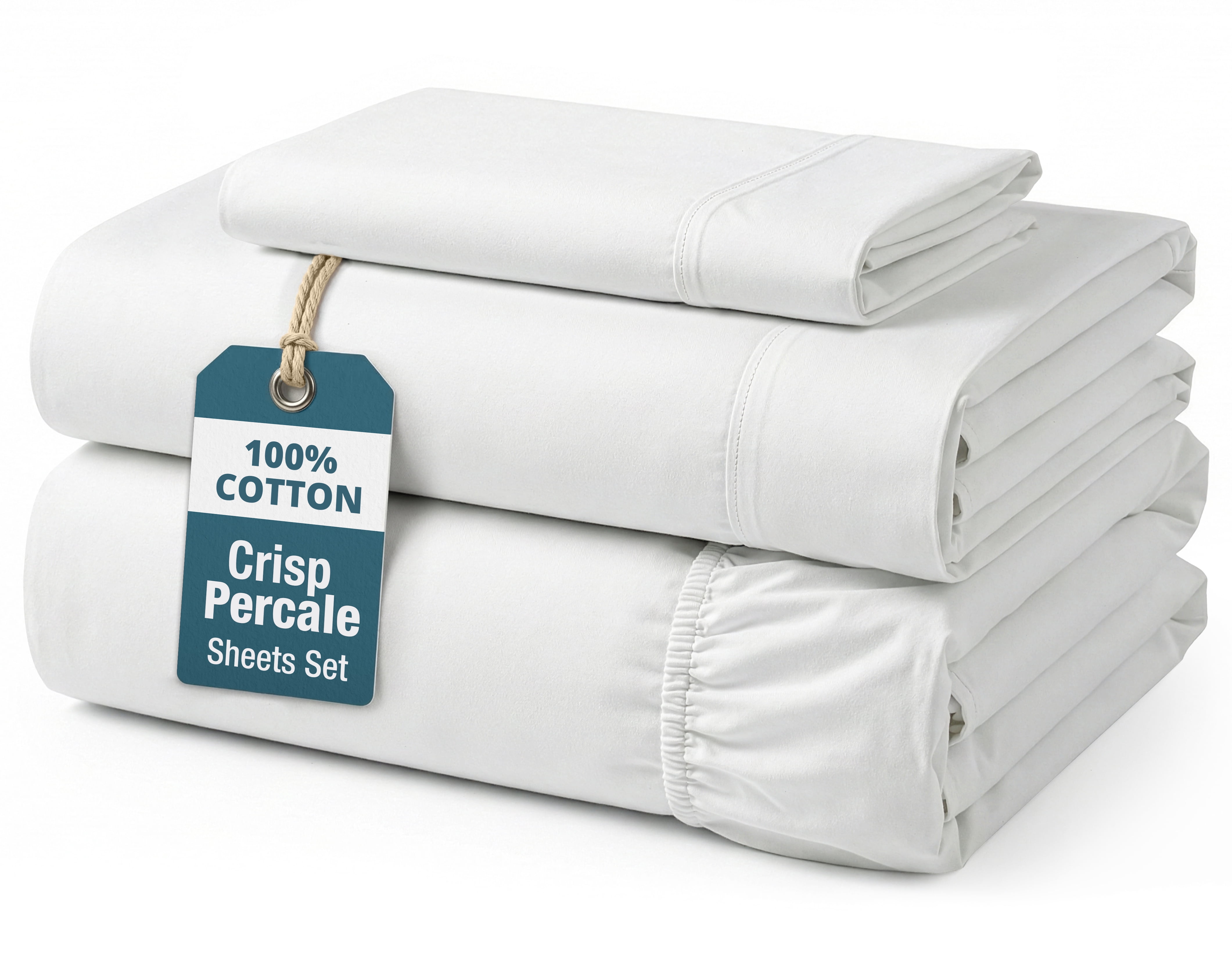 Casa Platino 100% Cotton Sheets – 3 Piece Twin Sheet Set For Dorm, Naturally Breathable Cooling Percal Weave For All Season Comfort, Easy To Wash, 15” Deep Pocket – White