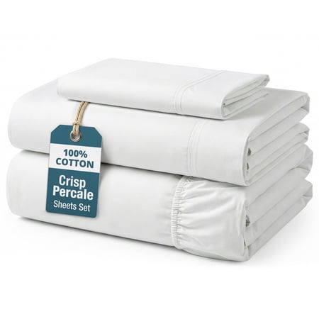 Casa Platino 100 Cotton Sheets – 3 Piece Twin Sheet Set For Dorm, Naturally Breathable Cooling Percal Weave For All Season Comfort, Easy To Wash, 15” Deep Pocket – White