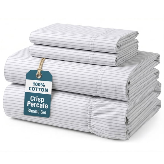 Casa Platino 100% Cotton Queen Size Set – Naturally Cooling & Soft Percale Weave, Low Pill Machine Washable, 15” Deep Pocket – Ticking Stripe Cobalt Blue