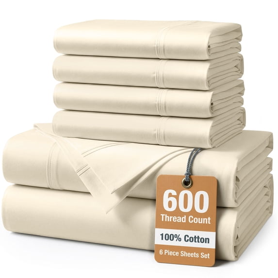 Casa Platino 100% Cotton Full Size Sheet Sets - 600 Thread Count Sheets, Smooth Sateen Weave Stays Buttery Soft In All Seasons, 15" Deep Pocket, Machine Washable - Ivory