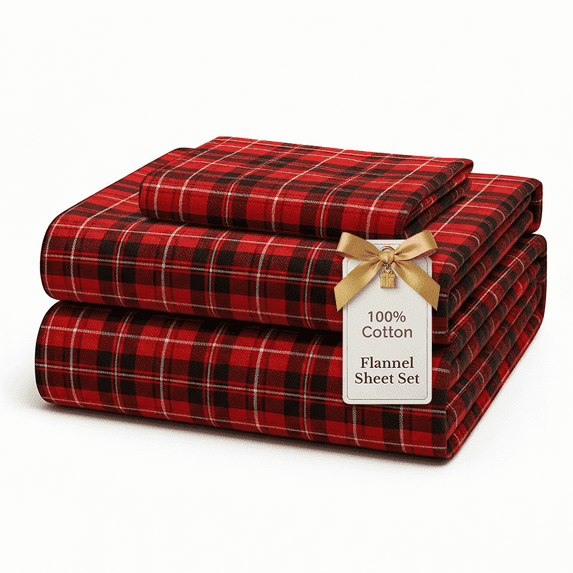 Casa Platino 100% Cotton Flannel Bed Sheet Set, 3 Piece Deep Pocket Fitted Sheets, Twin Xl - Red Check