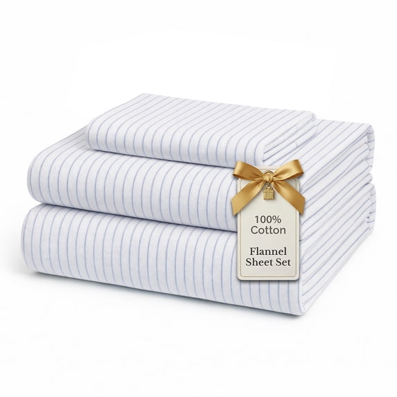 Casa Platino 100% Cotton Flannel Bed Sheet Set 3 Piece Deep Pocket Fitted Sheets Twin Xl -Ticking Stripe Cobalt Blue