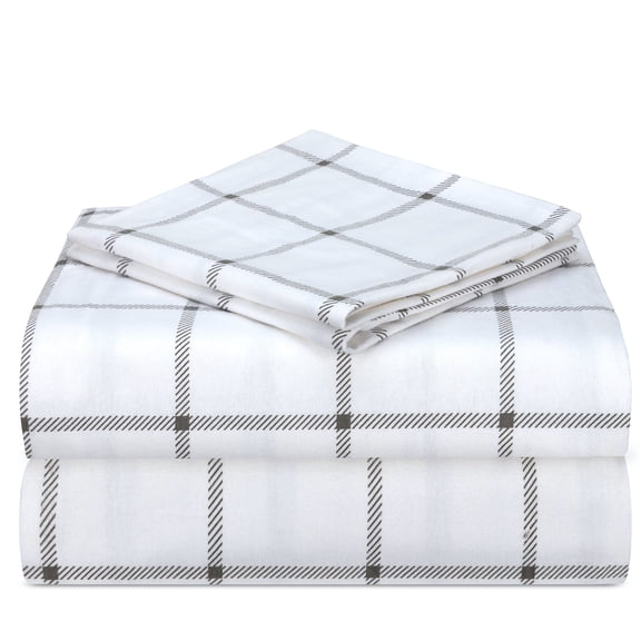 Casa Platino 100% Cotton Flannel Bed Sheet Set, 4 Piece Deep Pocket Bedding Sheets, Queen Gray Check