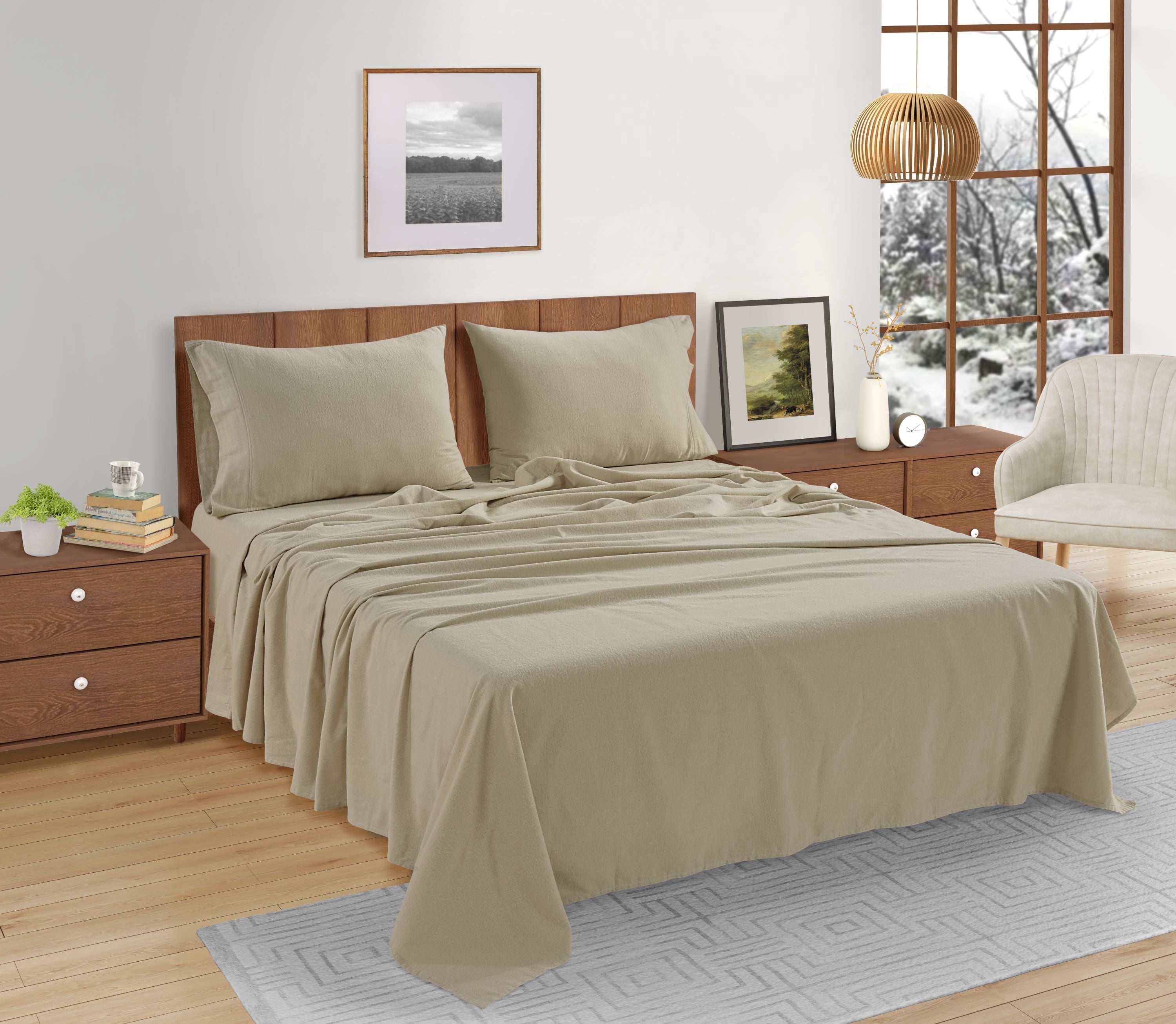 100% Cotton Flannel Bed Sheet Set 4 Piece Deep Pocket Bedding Sheets, Queen Size, Linen
