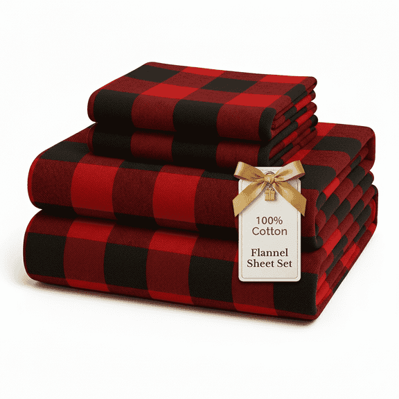 Casa Platino 100% Cotton Flannel Bed Sheet Set, 4 Piece Deep Pocket Fitted Sheets, California King, Buffalo Red