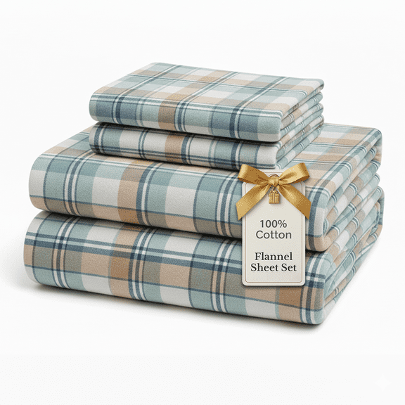 Casa Platino 100% Cotton Flannel Bed Sheet Set, 4 Piece Deep Pocket Sheets, Queen Size, White Plaid
