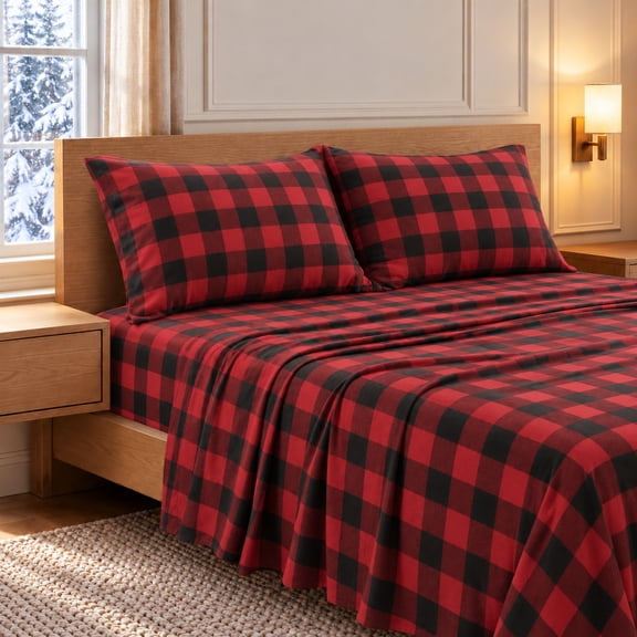 CASA PLATINO 100% Cotton Brushed Flannel Sheets Full Size Set - Warm & Inviting, Soft & Snuggly Texture, 15" Deep Pocket, Machine Washable - Buffalo Red