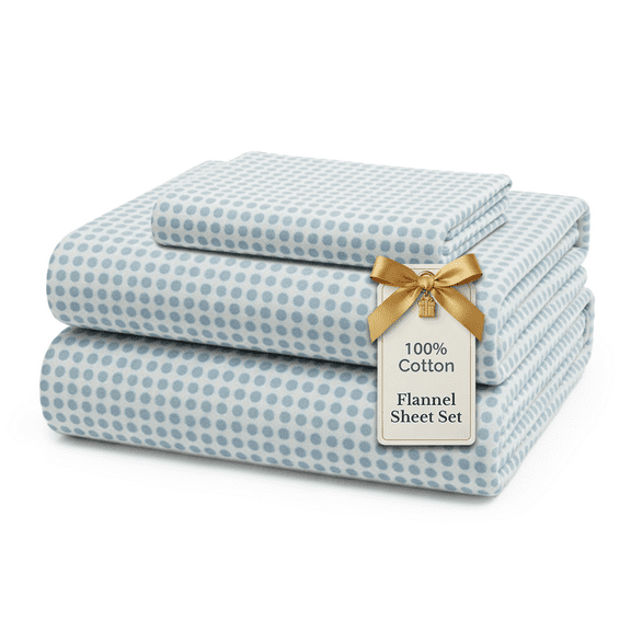 Casa Platino 100% Cotton Flannel Twin Bed Sheet Set, 3 Piece Deep Pocket Sheets, Polka Dot Blue
