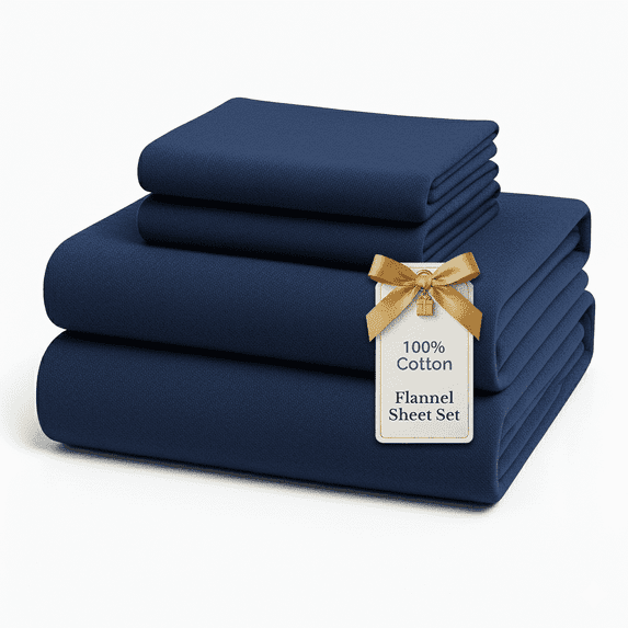 Casa Platino 100% Cotton Full Flannel Bed Sheet Set 4 Piece Deep Pocket Fitted Sheets, Estate Blue