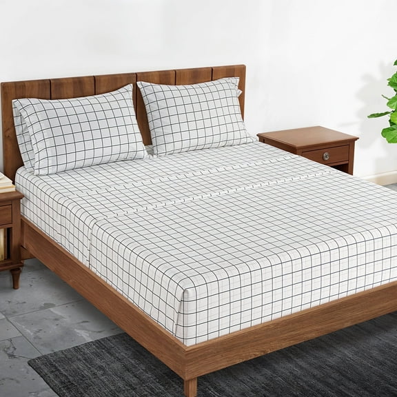 Casa Platino Full Bed Set – Naturally 100% Cotton Cooling Sheets, Premium Percale Weave with Soft Comfort, Low Pill, 15” Pocket – Windowpane