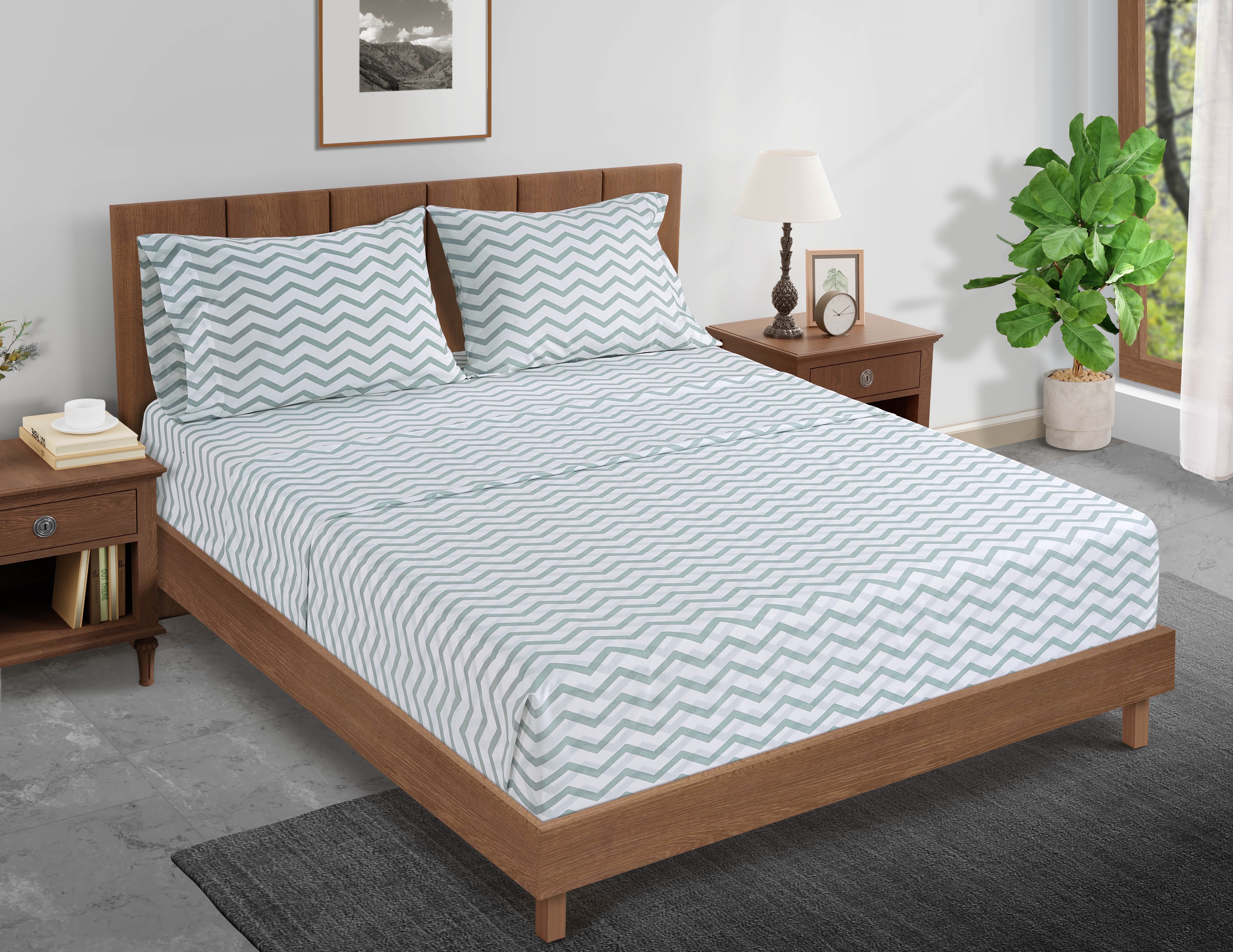 Casa Platino 100% Cotton Full Size Bed Sheet Set of 4, Fit Mattress Upto 15" Deep - Cool Blue Chevron