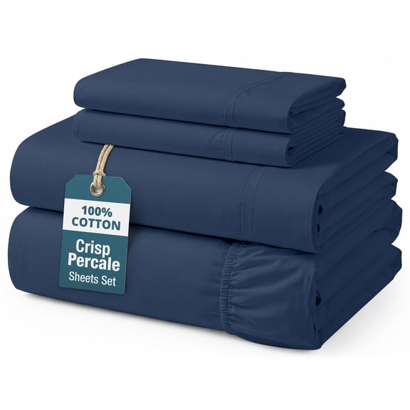 Casa Platino 100% Cotton Sheet Set Full Size – Crisp Percale Weave for All-Season Comfort for Sleep, 15” Full Fitted Sheet, Fade Resistant, Easy to Wash – Navy