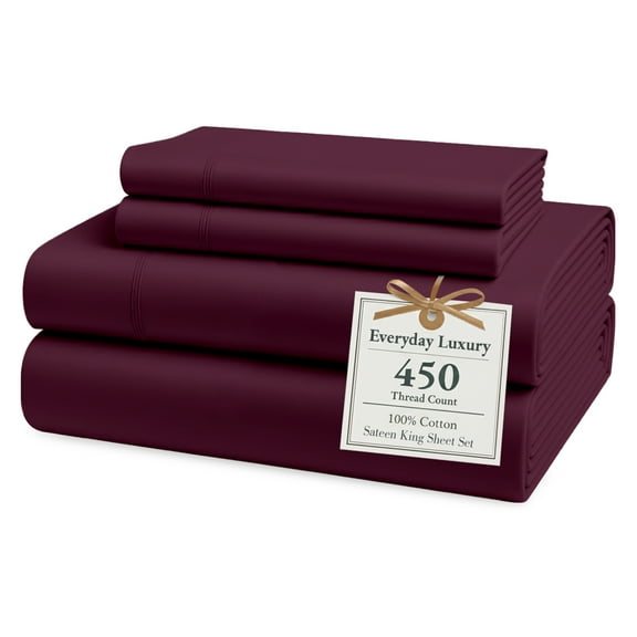 Casa Platino 100% Cotton King Size Bed Sheets, 450 TC, Ultra Soft & Comfy Sateen Weave, Deep Pocket, Luxury Hotel Collection - Windsor Wine
