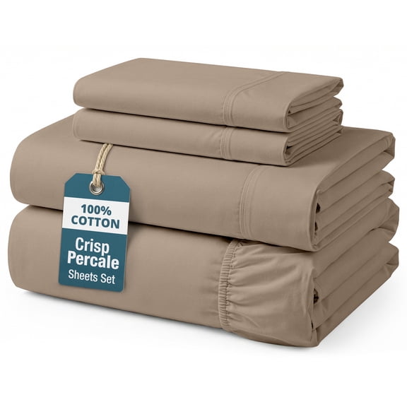 Casa Platino 100 Cotton Percale King Sheets Set – Breathable Luxury Hotel Style, Low Pill Machine Washable, Fully Elasticized 15" Cotton King Fitted Sheet – Taupe