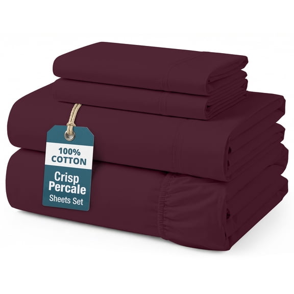 Casa Platino 100% Cotton Sheet Queen Size – Crisp & Soft Percale Queen Set, Designed for Year-Round Rest, 15” Deep Pocket, Machine Washable – Windsor Wine