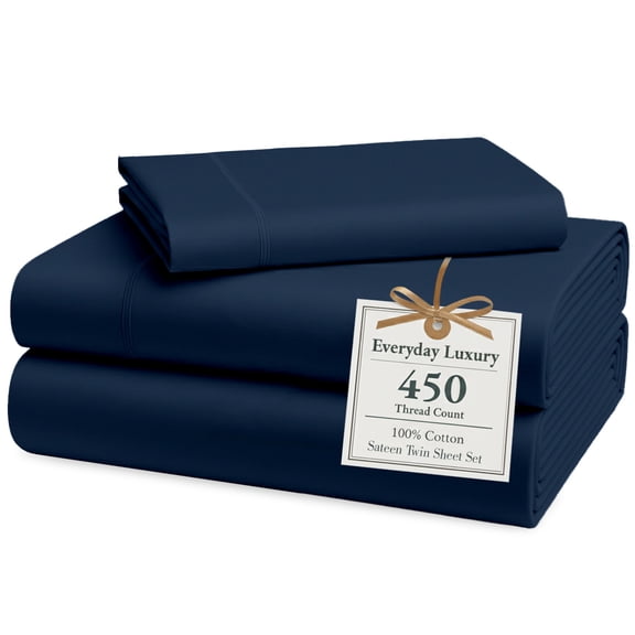 Casa Platino Twin Sheet Set – 450 Thread Count 100% Cotton Cooling Sheets, Naturally Breathable, Premium Sateen Finish for Home & Hotel – Estate Blue