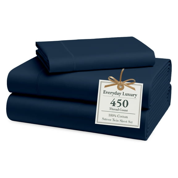Casa Platino Twin Sheet Set – 450 Thread Count 100% Cotton Cooling Sheets, Naturally Breathable, Premium Sateen Finish for Home & Hotel – Estate Blue
