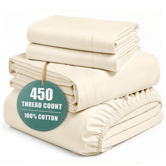 Casa Platino 100% Cotton Sheets Full Size Bed Sheets - 450 Thread Count 100% Cotton Sheets, 4PC Bed Sheets Full Size, Breathable Full Size Sheets Deep Pocket Set, Hotel Luxury Sheets - Ivory