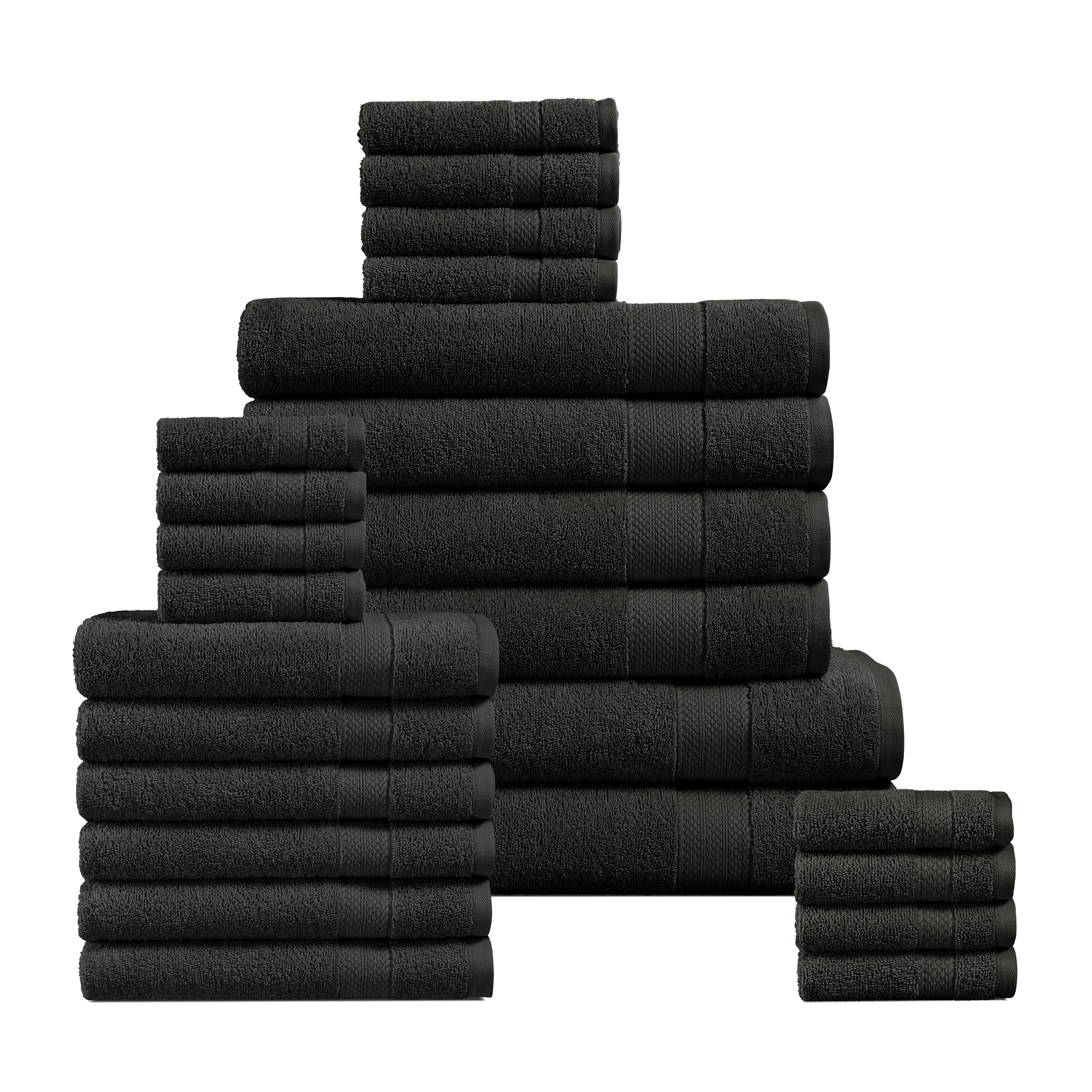 Casa Platino 24-Pack Towels for Bathroom – 100% Ring-Spun Cotton, 2 Bath Sheets, 2 Gym Towel, 2 Bath, 4 Fingertip, 6 Hand, 8 Washcloths, Quick-Dry Absorbent, Spa Quality – Black