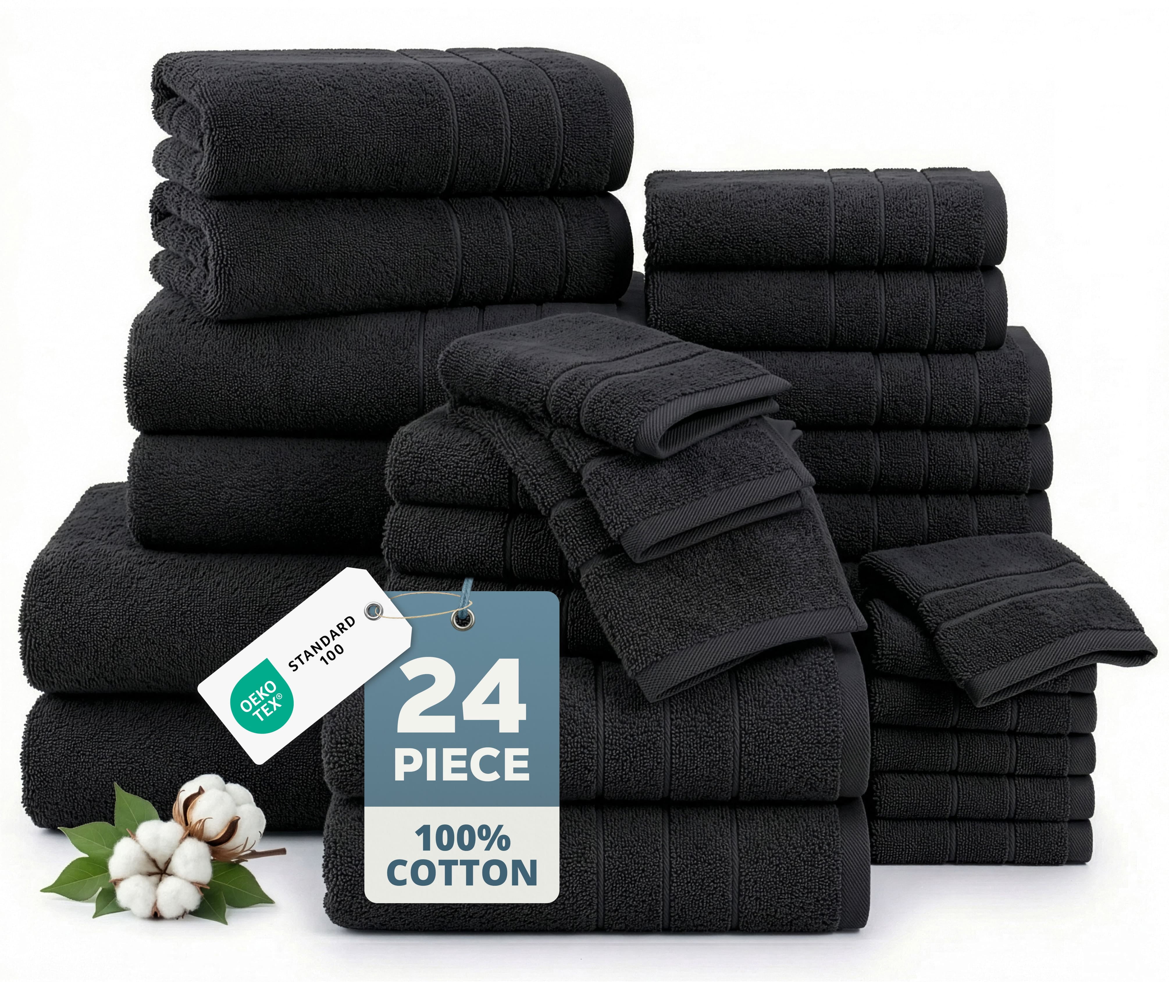 Casa Platino 24-Pack Towels for Bathroom – 100% Ring-Spun Cotton, 2 Bath Sheets, 2 Gym Towel, 2 Bath, 4 Fingertip, 6 Hand, 8 Washcloths, Quick-Dry Absorbent, Spa Quality – Black