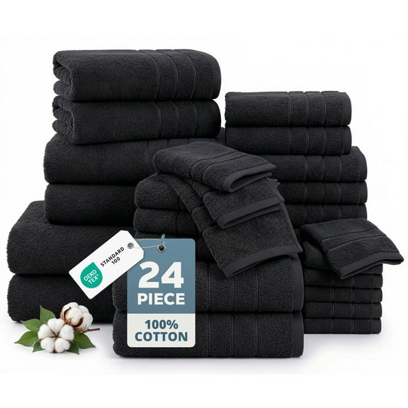 Casa Platino 24-Pack Towels for Bathroom – 100% Ring-Spun Cotton, 2 Bath Sheets, 2 Gym Towel, 2 Bath, 4 Fingertip, 6 Hand, 8 Washcloths, Quick-Dry Absorbent, Spa Quality – Black