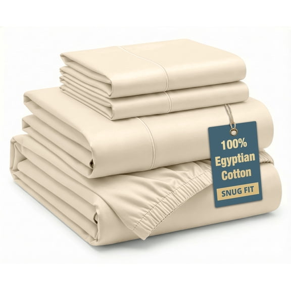 Casa Platino 100% Egyptian Cotton Sheet Set – 4 Piece Full Size Bed Sheets, Hotel Luxury Sateen Finish, Fade Resistant, Snug Fit 15” Fitted Sheet Full Size, Machine Washable – Ivory