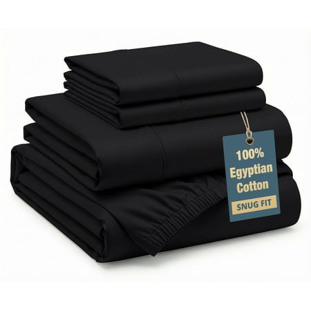 Casa Platino 100% Egyptian Cotton Full Size Sheets Set – Luxury Sateen Weave with Hotel Style Softness for Year-Round Comfort, Snug Fit 15” Deep Pocket, Machine Washable – Black