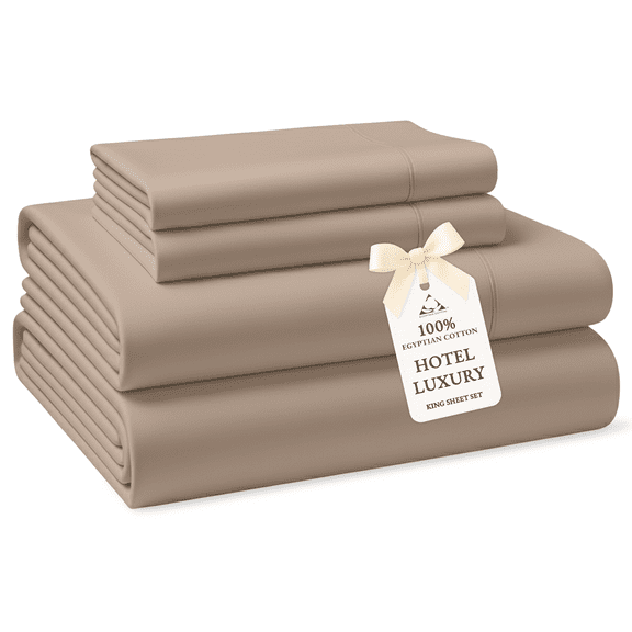 Casa Platino 100% Egyptian Cotton Sheets, King Bedsheet Set – Premium Hotel Sateen Finish for All Seasons, Deep 15” Pocket, Easy Care –Taupe