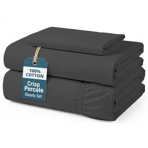 Casa Platino 100 Cotton Sheets Set – 3 Piece Twin Sheets, Hotel Luxury Soft & Crisp Percale Weave for Kids Room, 15” Snug Fit Deep Pocket, Machine Washable – Charcoal