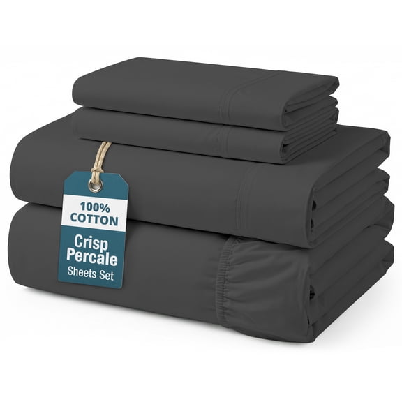 Casa Platino 100% Cotton Sheets Set – Soft & Comfy Percale King Sheets For Everyday Comfort, Low Pill, Naturally Temperature 15” Cotton Fitted Sheet King, Easy to wash – Charcoal