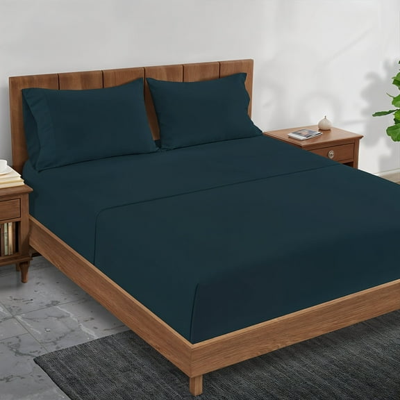 Casa Platino 100% Cotton Sheets Set – Naturally Cool Percale Queen Bed Sheets Sheet, All-Season Luxury Comfort, 15” Snug Fit Fitted Sheet, Easy Care – Estate Blue