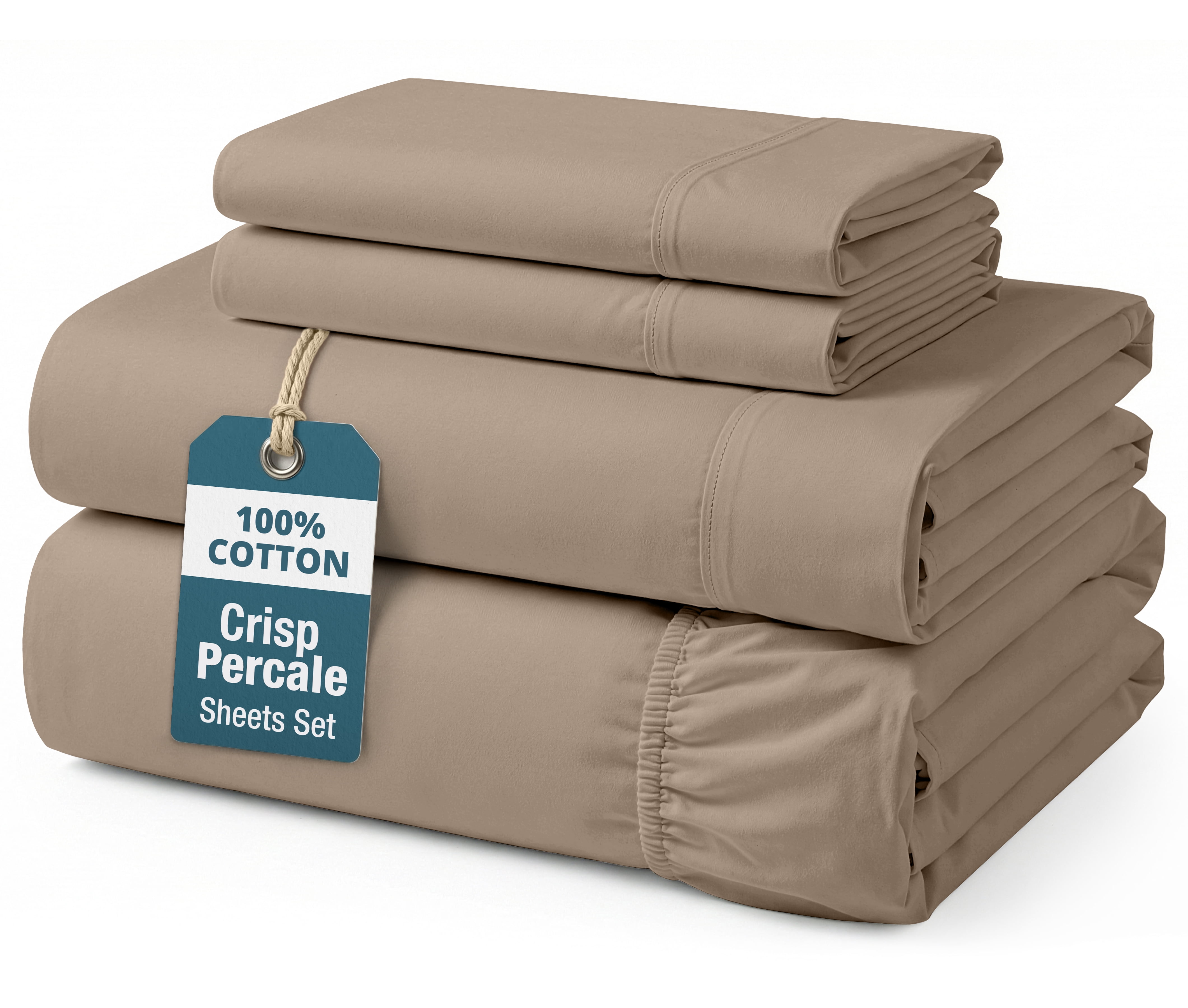 Casa Platino 100% Cotton Percale King Sheets Set – Breathable Luxury Hotel Style, Low Pill Machine Washable, Fully Elasticized 15" Cotton King Fitted Sheet – Taupe