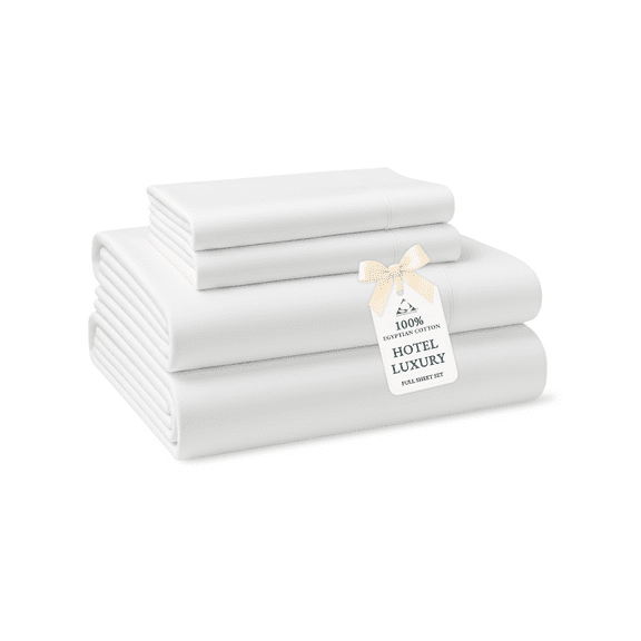 Casa Platino 100% Egyptian Cotton Full Size Sheet Sets – Hotel Luxury Soft Sateen Finish Night Comfort, Deep 15” Pocket, Easy Care – White