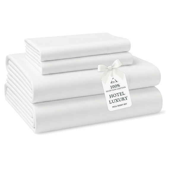 Casa Platino 100% Egyptian Cotton Full Size Sheet Sets – Hotel Luxury Soft Sateen Finish Night Comfort, Deep 15” Pocket, Easy Care – White