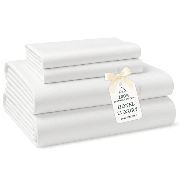 Casa Platino King Sheet Set – 100% Egyptian Cotton Bedding Sheets, Everyday Hotel Style Luxury, Sateen Finish, 15” Deep Pocket, Easy to Wash – White