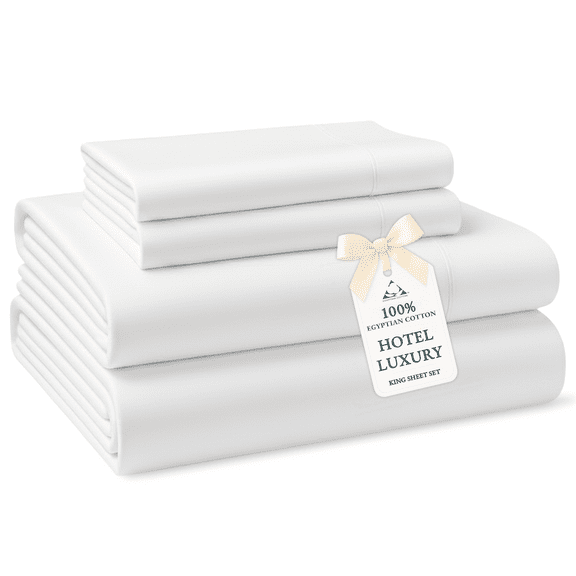 Casa Platino King Sheet Set – 100% Egyptian Cotton Bedding Sheets, Everyday Hotel Style Luxury, Sateen Finish, 15” Deep Pocket, Easy to Wash – White