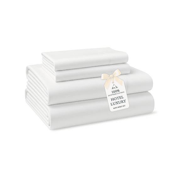 Casa Platino King Sheet Set – 100% Egyptian Cotton Bedding Sheets, Everyday Hotel Style Luxury, Sateen Finish, 15” Deep Pocket, Easy to Wash – White