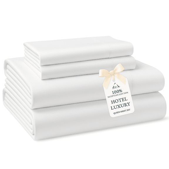 Casa Platino Queen Bedding Sets – 100% Egyptian Cotton Bed Sheets Set , Premium Hotel Luxury Comfort, Sateen Finish, Deep 15” Pocket, Easy Care – White