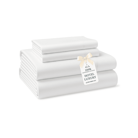Casa Platino Queen Bedding Sets – 100% Egyptian Cotton Bed Sheets Set , Premium Hotel Luxury Comfort, Sateen Finish, Deep 15” Pocket, Easy Care – White