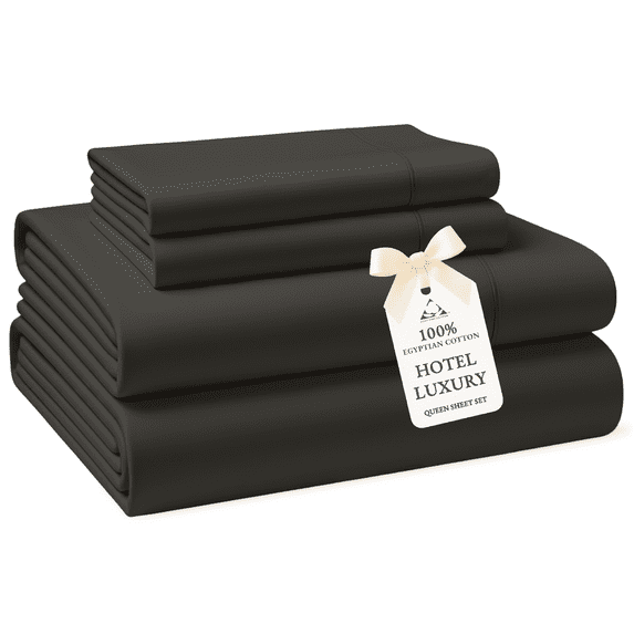 Casa Platino Queen Sheets Set – 100% Egyptian Cotton Bed Sheets, Premium Hotel Sateen Luxury Finish, Machine Washable, 15” Deep Pocket – Charcoal