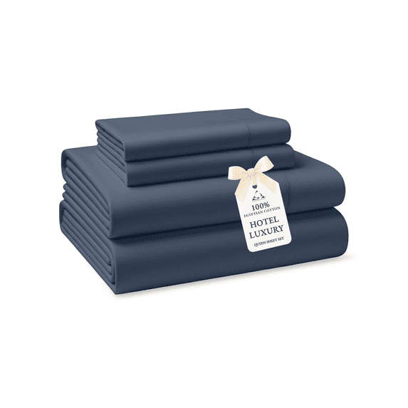 Casa Platino Queen Sheets Set – , 100% Egyptian Cotton Bedding Sheets , Soft Silky Sateen Finish for Cozy Night Sleep, 15” Fitted Sheet, Easy care – Estate Blue