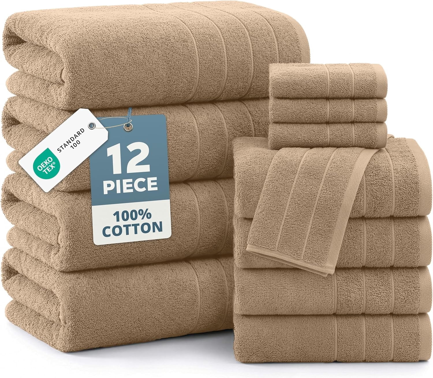Casa Platino 12 Piece Cotton Towel Set - Includes 4 Large Bath Towels, 4 Hand Towels & 4 Washcloths - Soft & Quick Dry Towels for Bathroom - Beige
