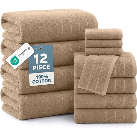 Casa Platino 12 Piece Cotton Towel Set - Includes 4 Large Bath Towels, 4 Hand Towels & 4 Washcloths - Soft & Quick Dry Towels for Bathroom - Beige